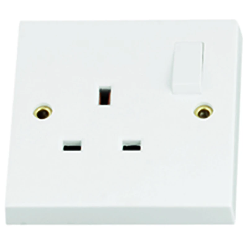 White Single Wall Socket 1 Gang Square Edge Electric Wall Plug Switched 